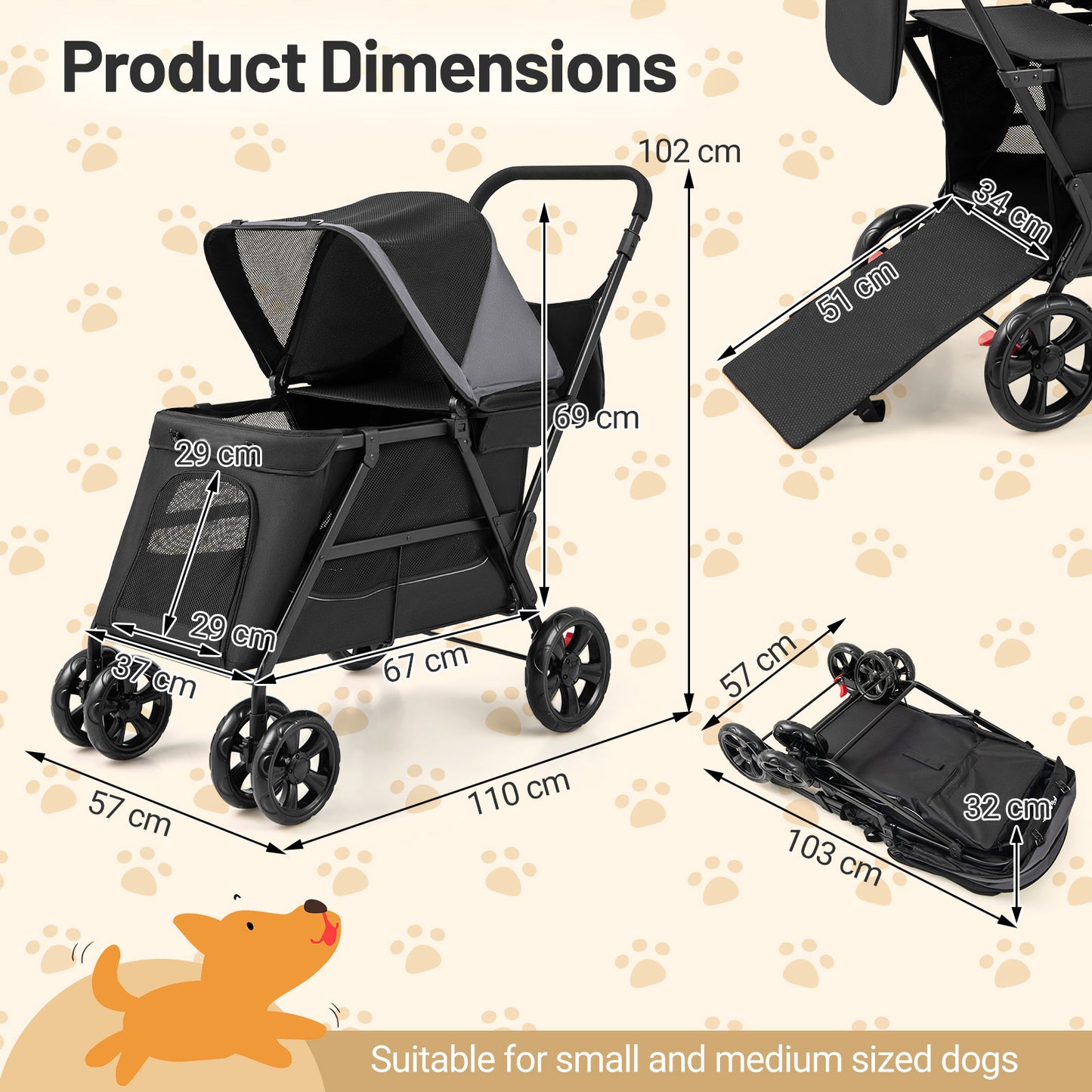 Dog Stroller Wagon with Dual Entry for Medium Small Senior Elderly Dogs-Black &amp; Grey