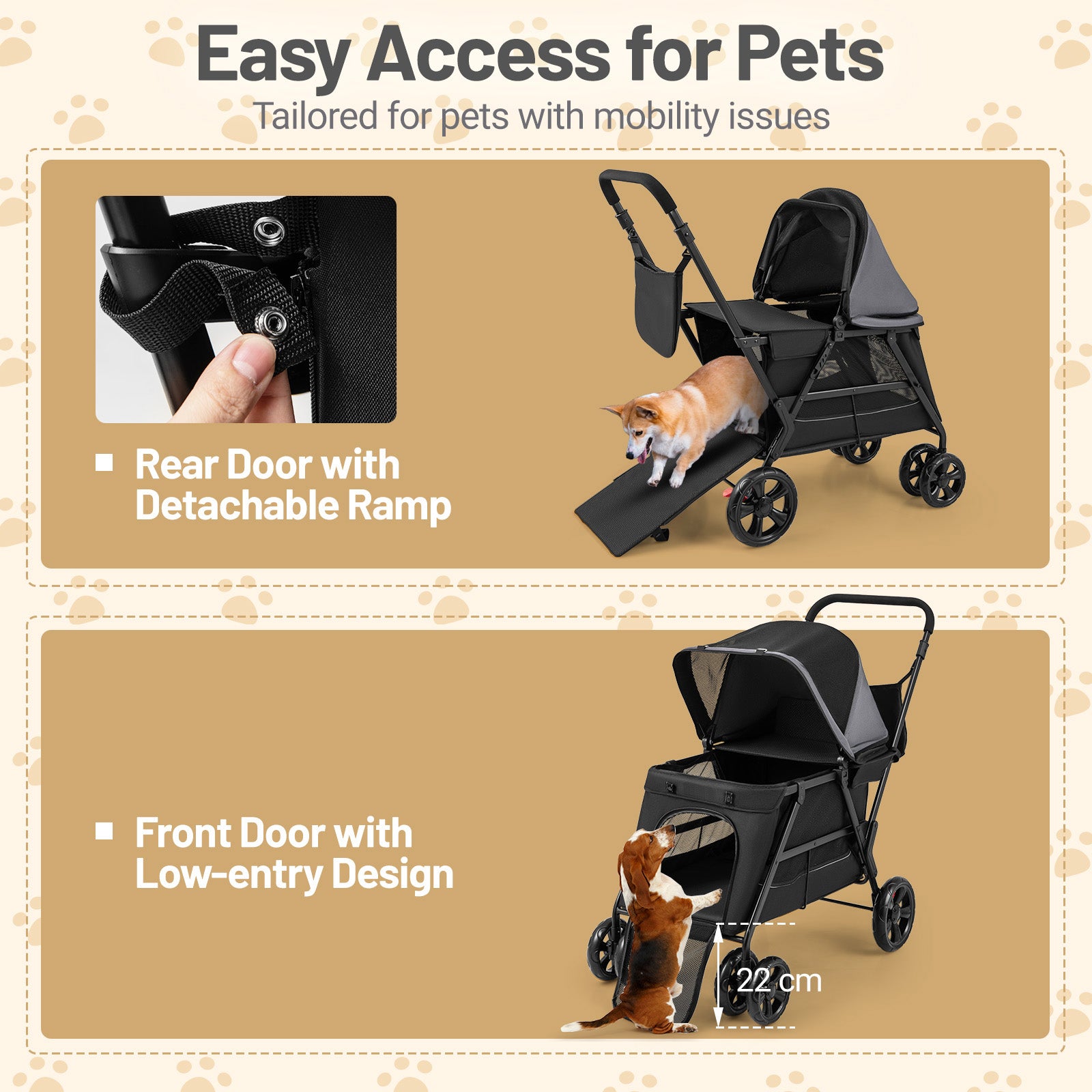 Dog Stroller Wagon with Dual Entry for Medium Small Senior Elderly Dogs-Black &amp; Grey