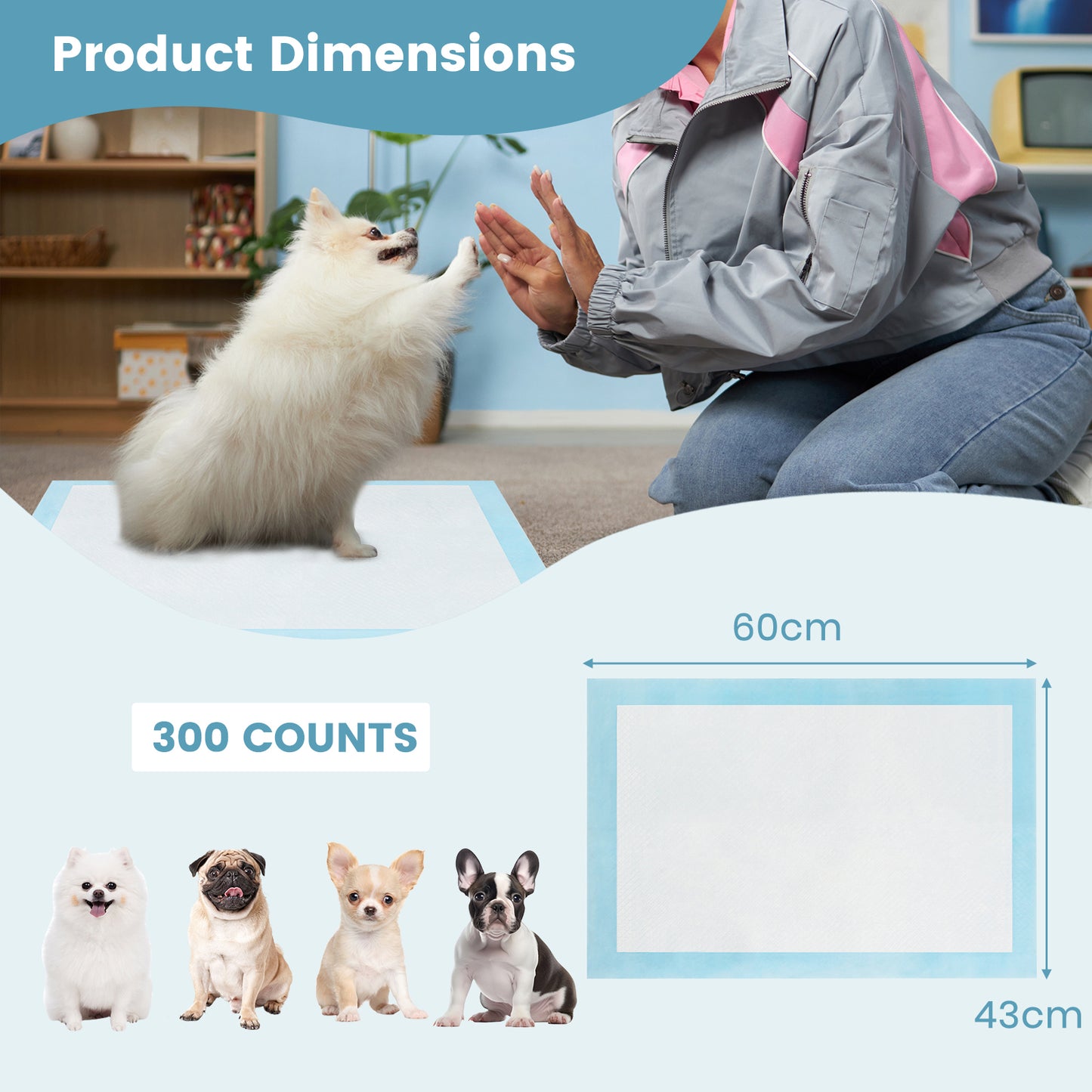 Dog and Puppy Pee Pads 60 x 43 cm(300 Counts) 6-Layer Leak-Proof Pet Pads-Blue