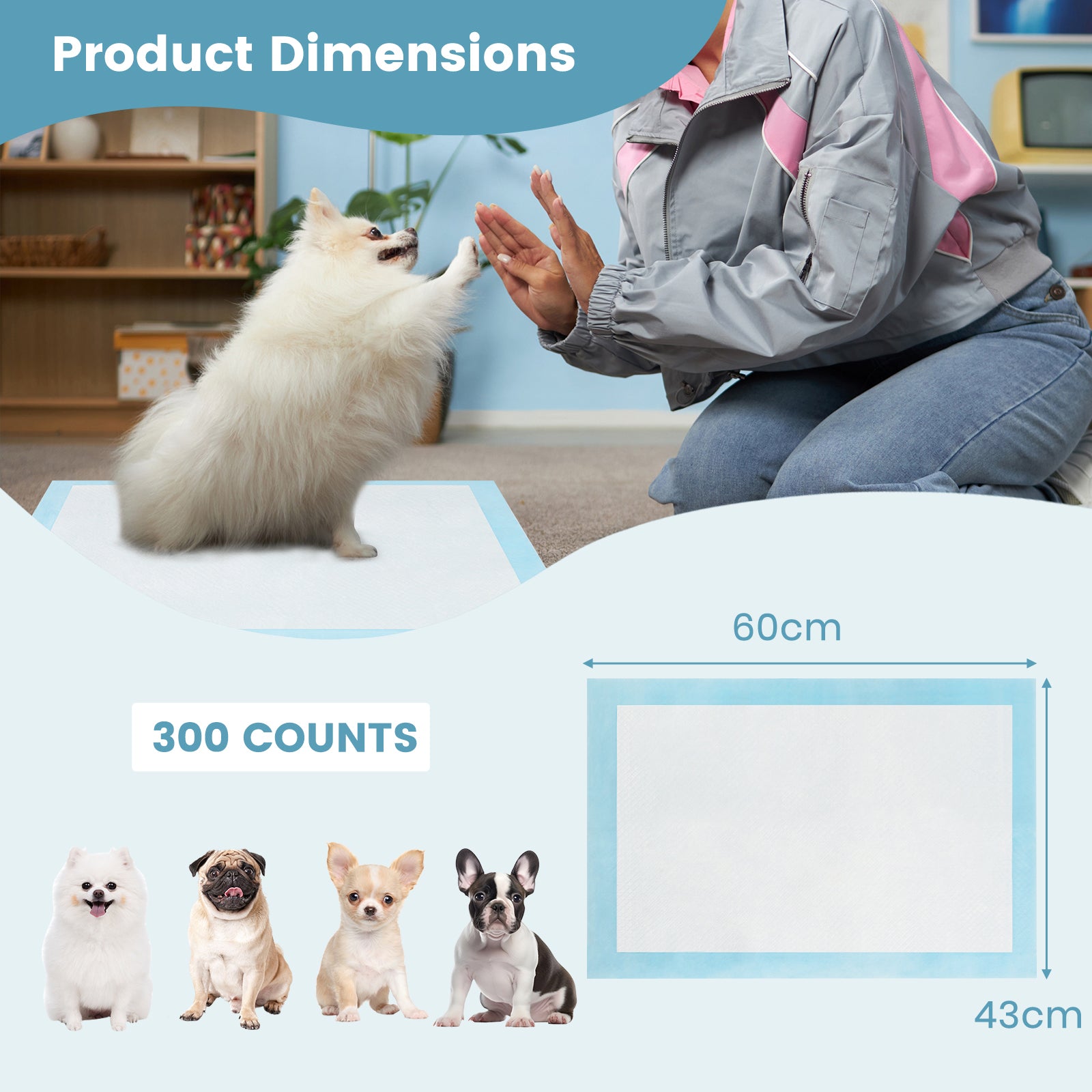 Dog and Puppy Pee Pads 60 x 43 cm(300 Counts) 6-Layer Leak-Proof Pet Pads-Blue