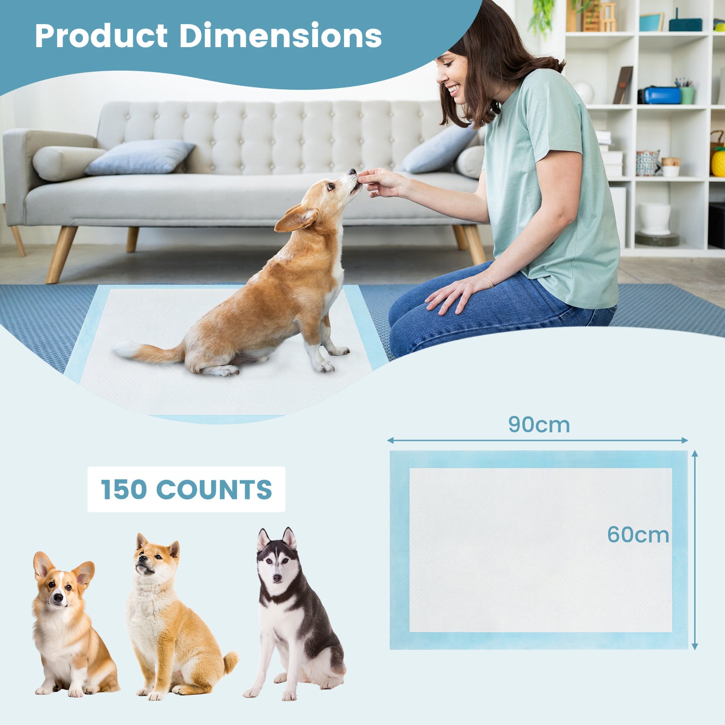Dog and Puppy Pee Pads 90 x 60 cm(150 Counts) 6-Layer Leak-Proof Pet Pads-Blue