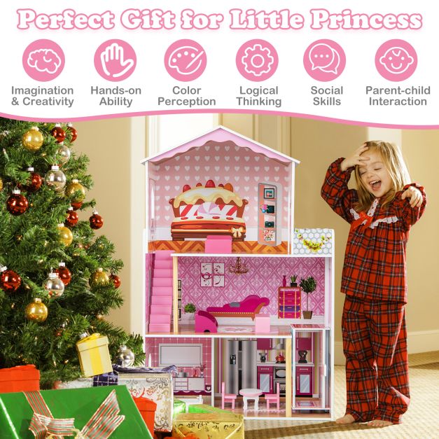 3-Story Wooden Dollhouse with Simulated Rooms and Furniture Set-Pink