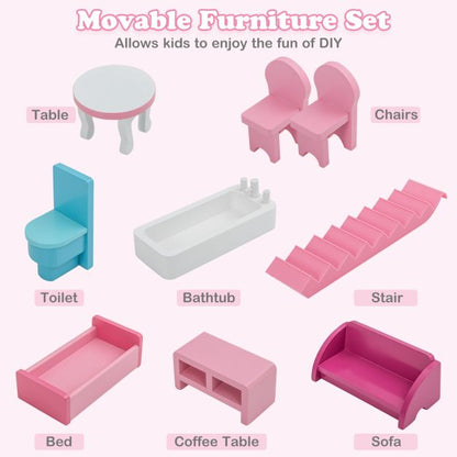3-Story Wooden Dollhouse with Simulated Rooms and Furniture Set-Pink