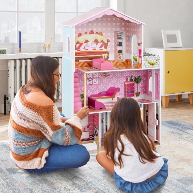 3-Story Wooden Dollhouse with Simulated Rooms and Furniture Set-Pink