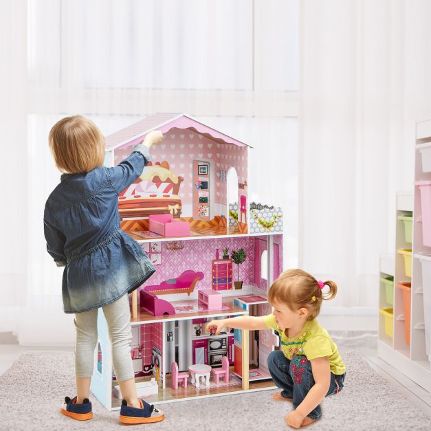 3-Story Wooden Dollhouse with Simulated Rooms and Furniture Set-Pink