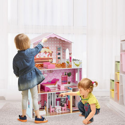 3-Story Wooden Dollhouse with Simulated Rooms and Furniture Set-Pink
