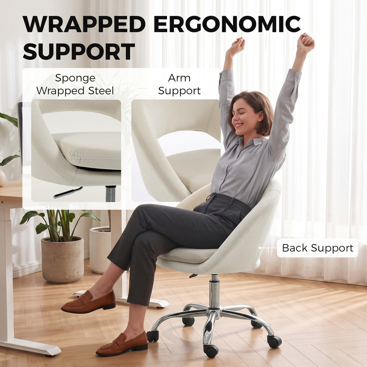 HOMCOM Velvet Desk Chair, Modern Office Chair with Height-Adjustable, Wheels, for Home Study Bedroom, Cream
