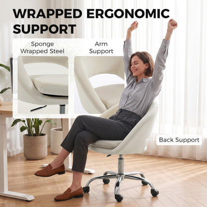 HOMCOM Velvet Desk Chair, Modern Office Chair with Height-Adjustable, Wheels, for Home Study Bedroom, Cream