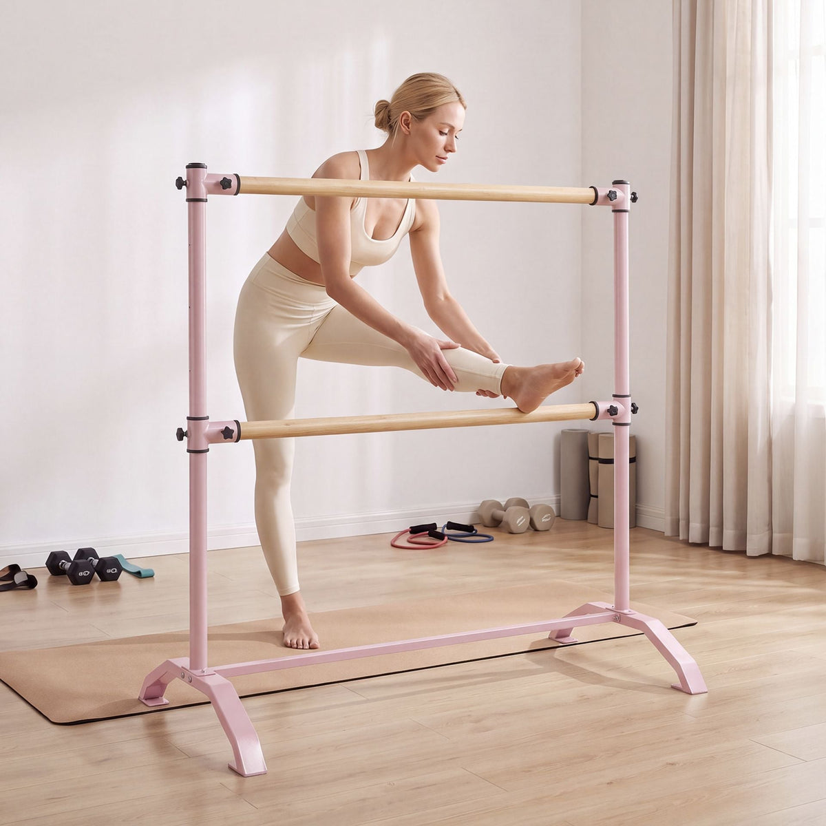 Double-Bar Ballet Barre with 3-Level Height Adjustable Bar Freestanding Balance Ballet Barre-Pink