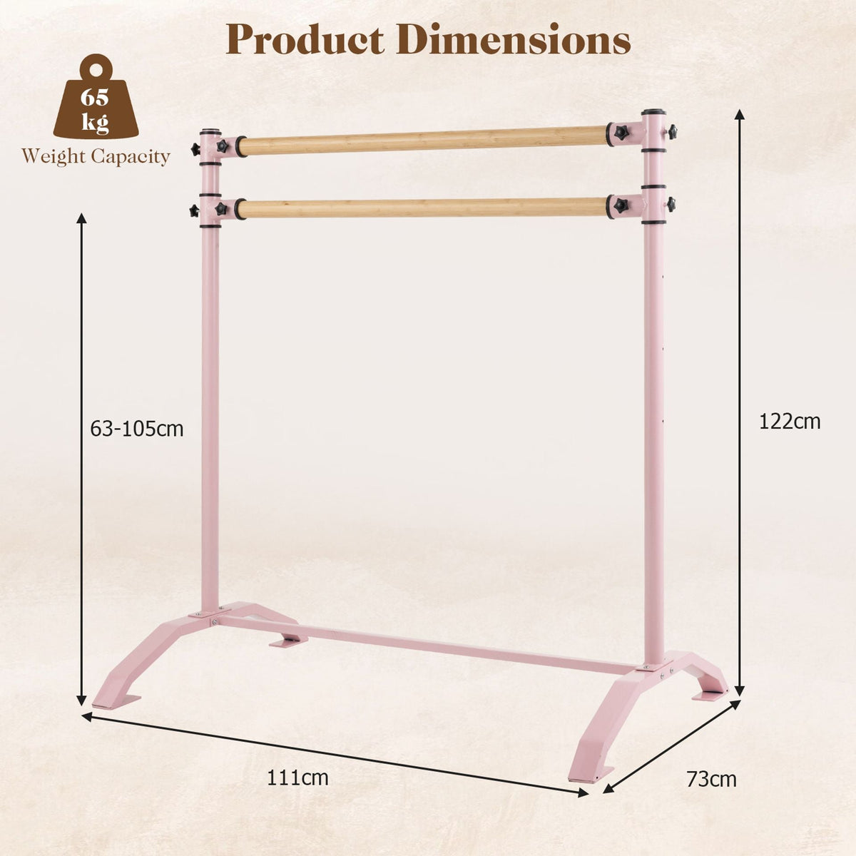 Double-Bar Ballet Barre with 3-Level Height Adjustable Bar Freestanding Balance Ballet Barre-Pink