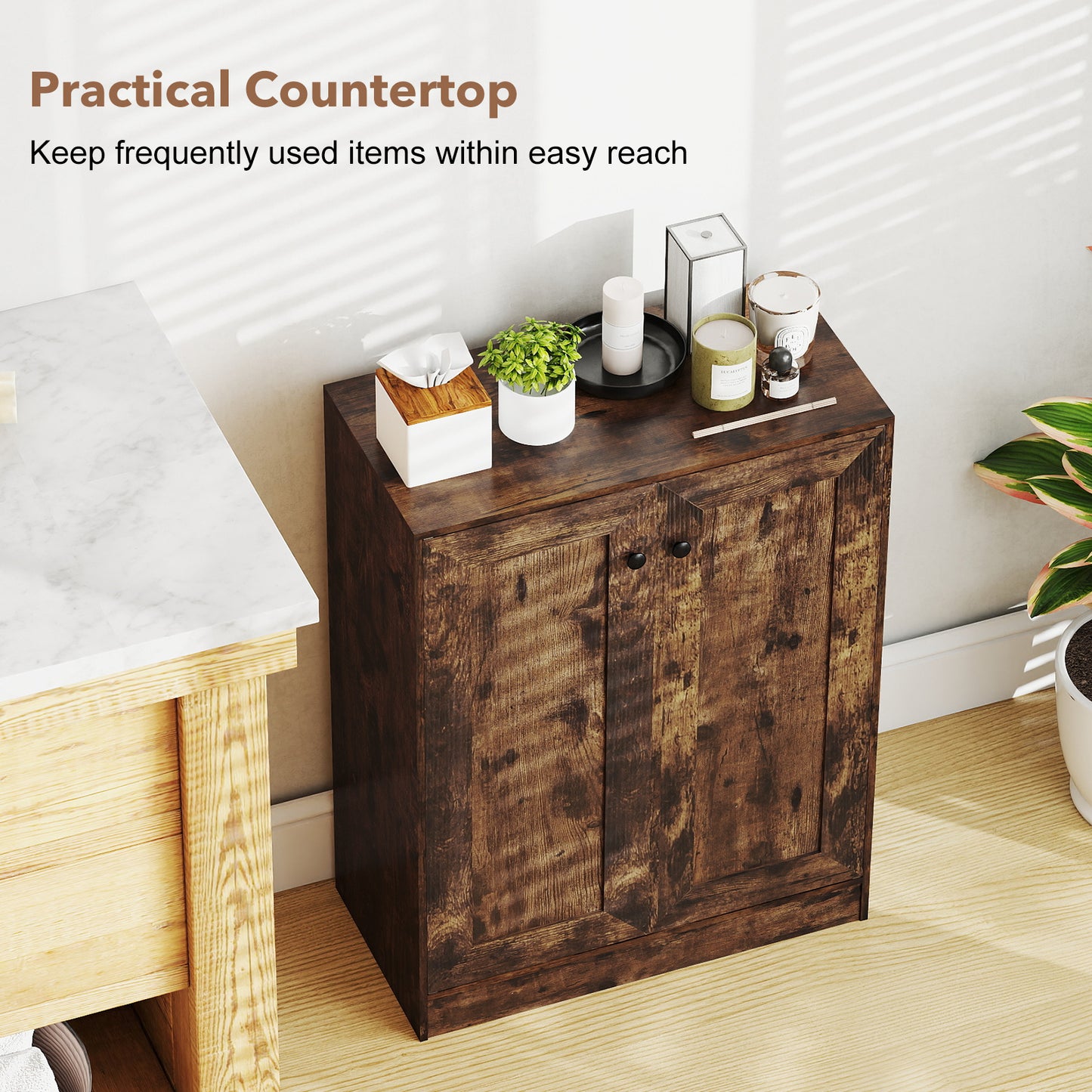 Double Door Storage Cabinet Wooden Sideboard Freestanding Kitchen Cupboard with Doors-Rustic Brown