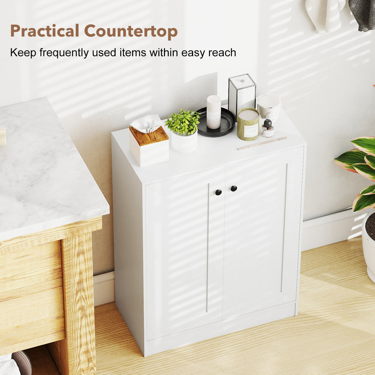 Double Door Storage Cabinet Wooden Sideboard Freestanding Kitchen Cupboard with Doors-White