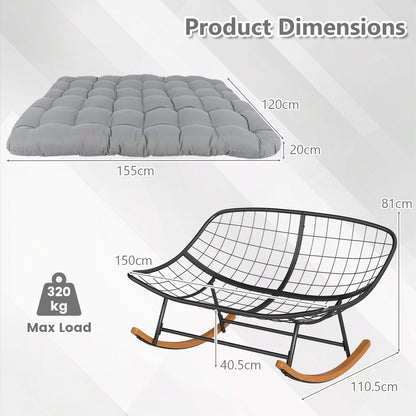 Double Papasan Rocking Chair for 2 Oversized 320 kg Outdoor Metal Loveseat with Thick Cushion-Grey
