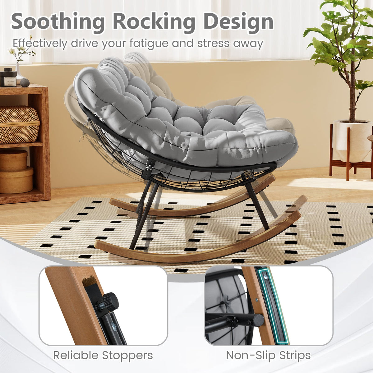 Double Papasan Rocking Chair for 2 Oversized 320 kg Outdoor Metal Loveseat with Thick Cushion-Grey