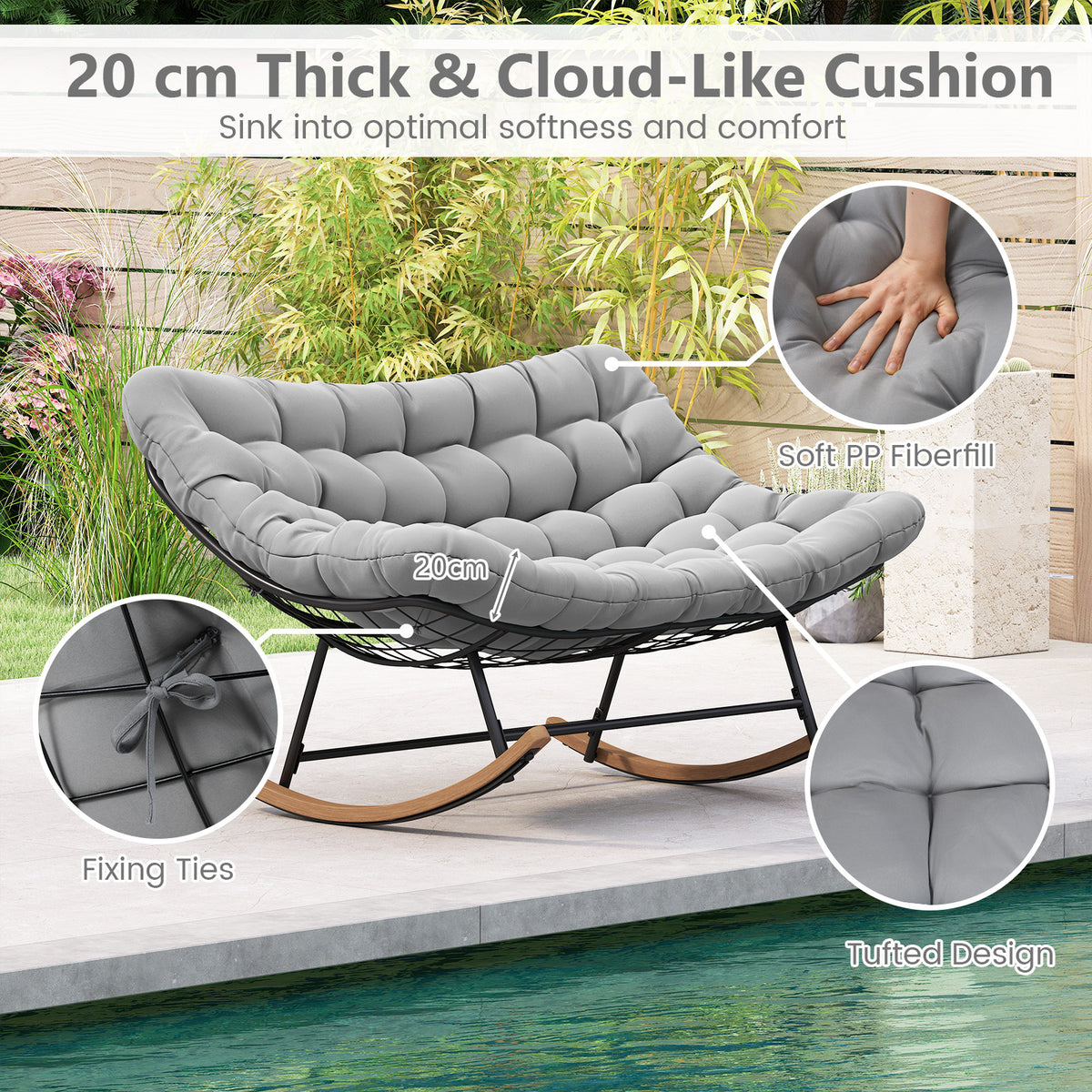 Double Papasan Rocking Chair for 2 Oversized 320 kg Outdoor Metal Loveseat with Thick Cushion-Grey