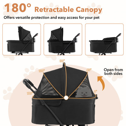 Double Pet Stroller 3 in 1 Foldable with 2 Detachable Carriers Car Seats-Black