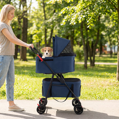 Double Pet Stroller 3 in 1 Foldable with 2 Detachable Carriers Car Seats-Blue