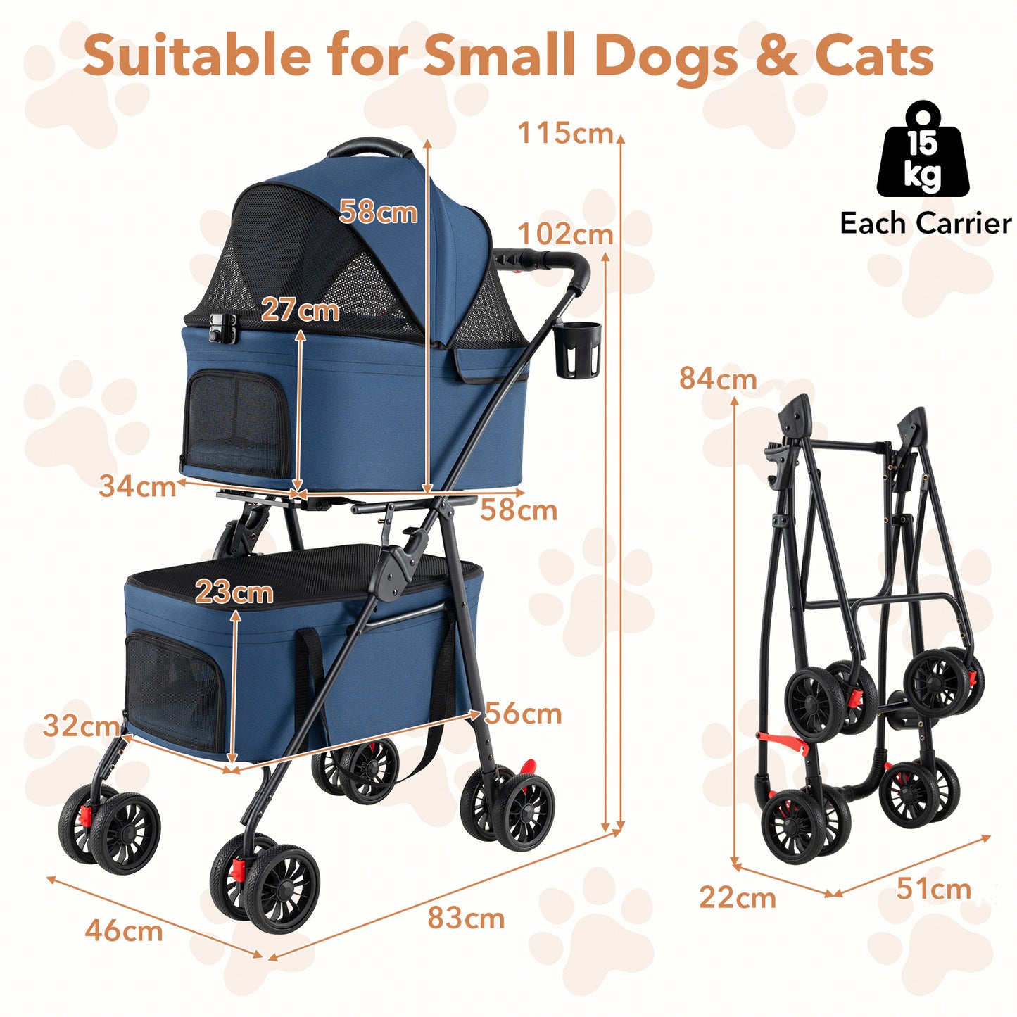 Double Pet Stroller 3 in 1 Foldable with 2 Detachable Carriers Car Seats-Blue