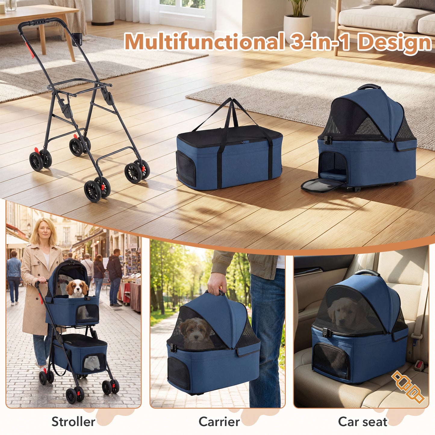 Double Pet Stroller 3 in 1 Foldable with 2 Detachable Carriers Car Seats-Blue