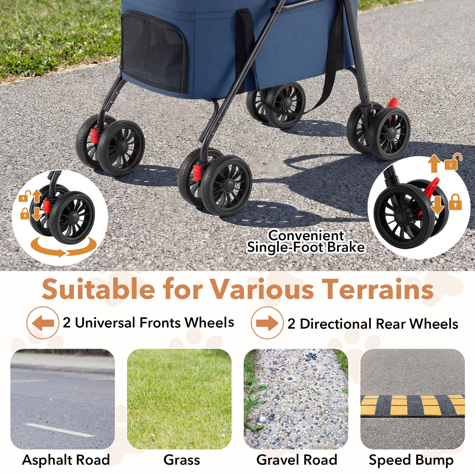 Double Pet Stroller 3 in 1 Foldable with 2 Detachable Carriers Car Seats-Blue