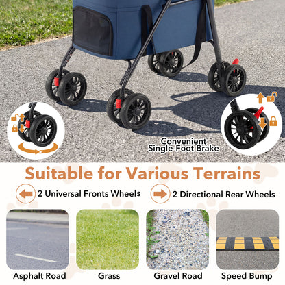 Double Pet Stroller 3 in 1 Foldable with 2 Detachable Carriers Car Seats-Blue