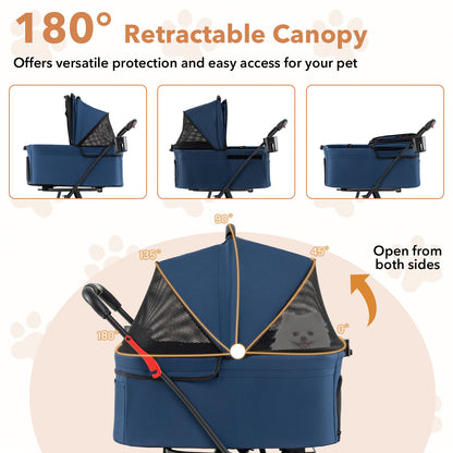 Double Pet Stroller 3 in 1 Foldable with 2 Detachable Carriers Car Seats-Blue