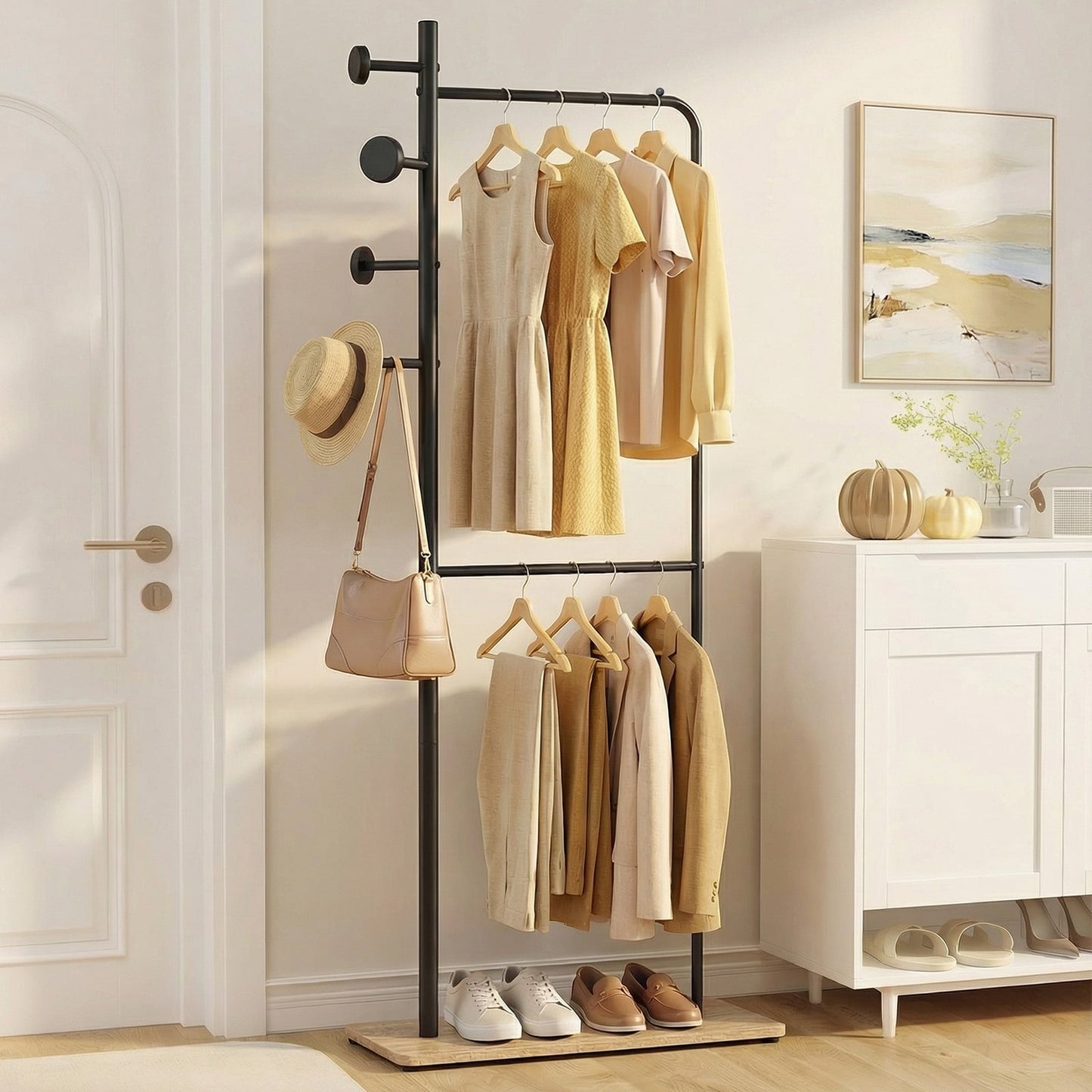 Double Rods Clothes Hanging Rack with Rubber Wood Hooks and Wooden Bottom Shelf