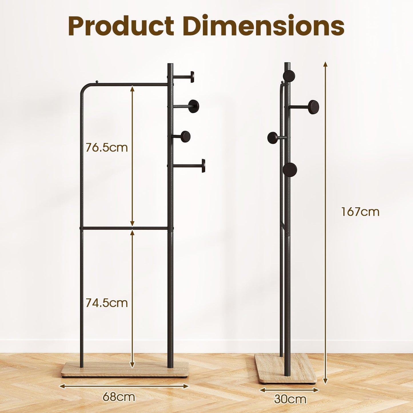 Double Rods Clothes Hanging Rack with Rubber Wood Hooks and Wooden Bottom Shelf