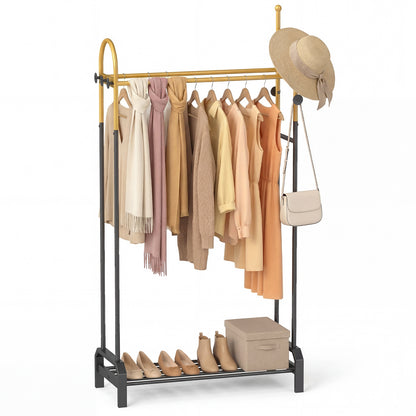 Double Rods Garment Rack Freestanding Clothing Rack with 5 Hooks-Golden