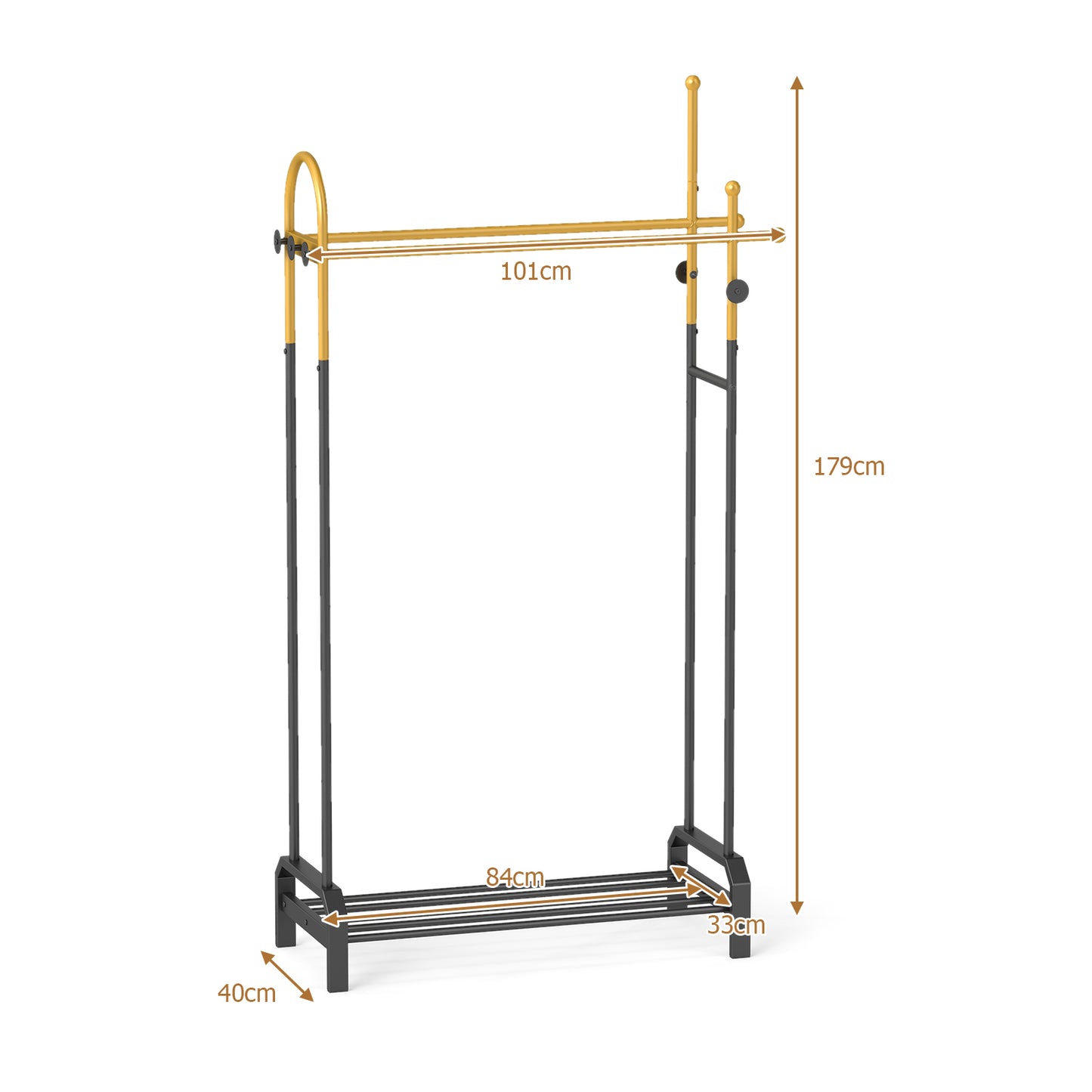 Double Rods Garment Rack Freestanding Clothing Rack with 5 Hooks-Golden