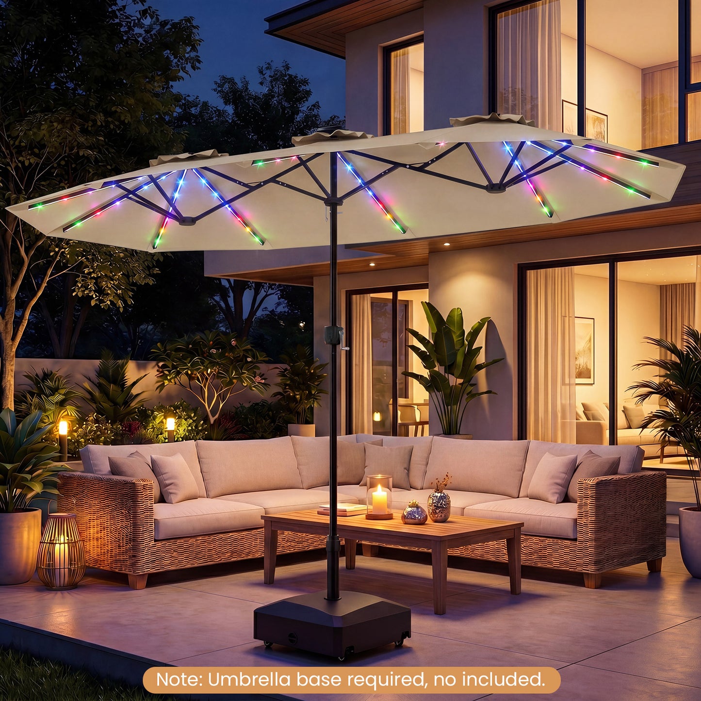 Double-Sided Patio Umbrella with Color-Changing Flowing Solar LED Lights-Beige