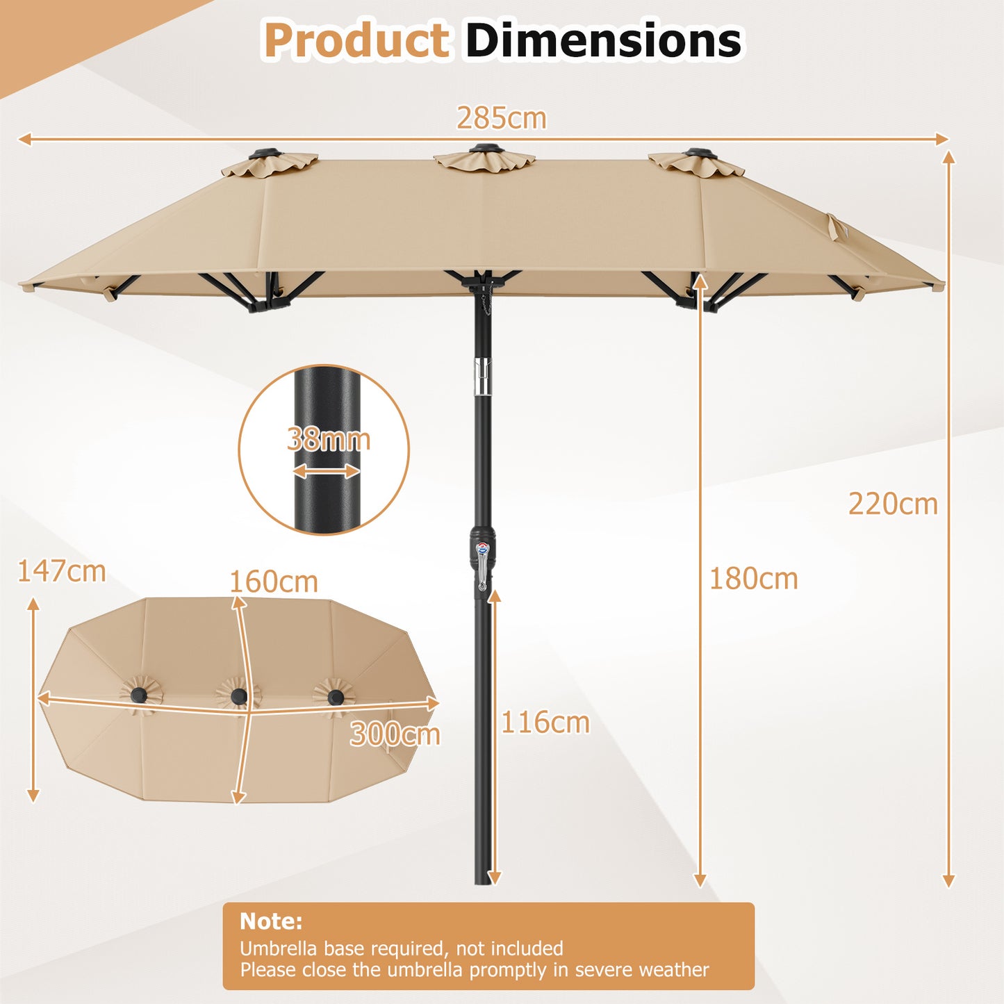 Double-Sided Patio Umbrella with Push Button Tilt and Crank and 12 Ribs-Beige
