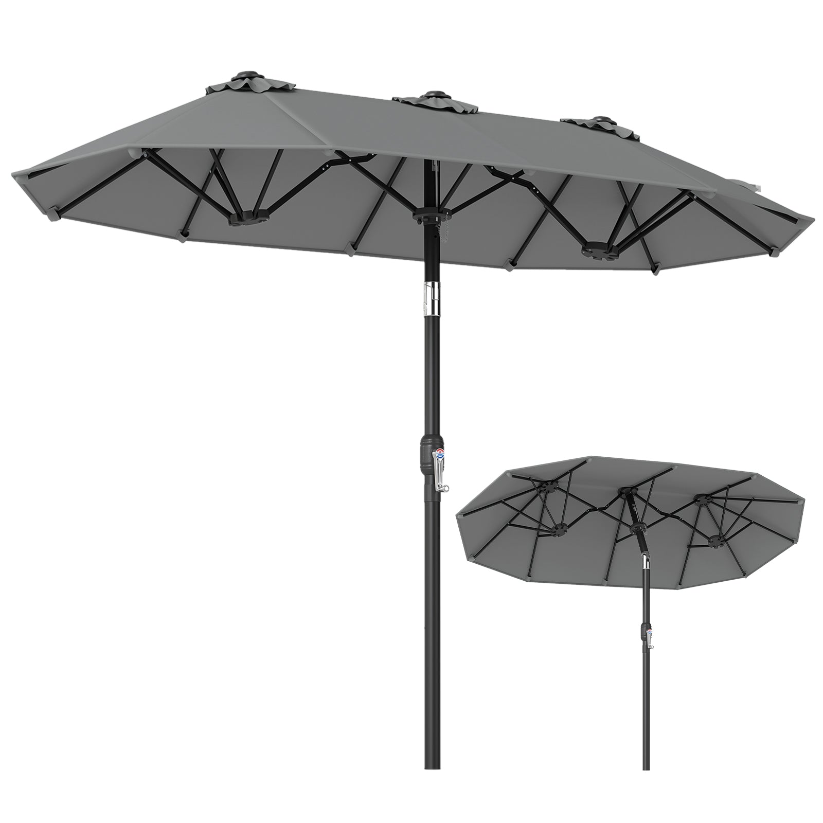 Double-Sided Patio Umbrella with Push Button Tilt and Crank and 12 Ribs-Grey