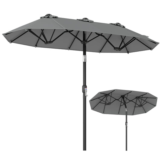 Double-Sided Patio Umbrella with Push Button Tilt and Crank and 12 Ribs-Grey