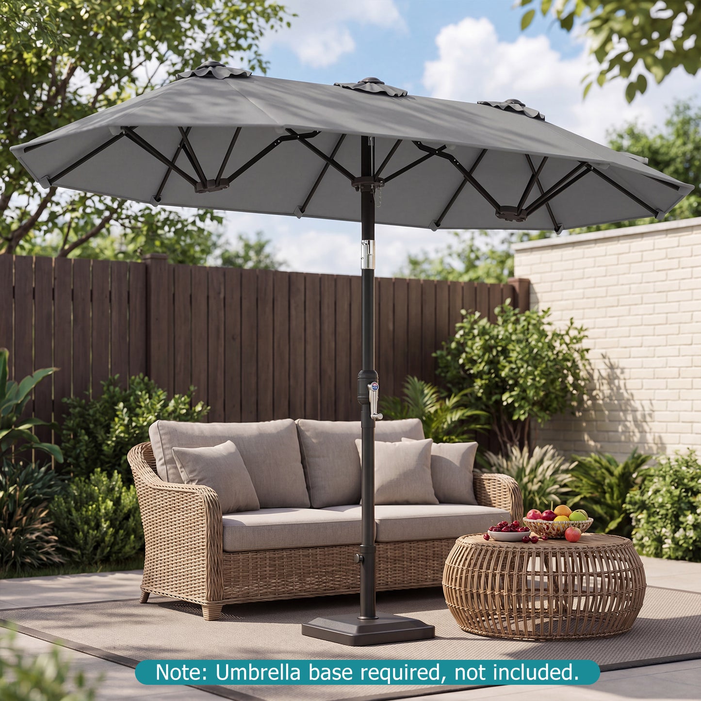 Double-Sided Patio Umbrella with Push Button Tilt and Crank and 12 Ribs-Grey