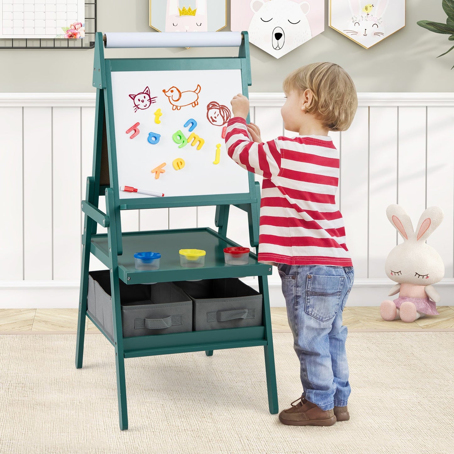 Double-sided Kids Easel with Magnetic Whiteboard and Chalkboard-Dark Green
