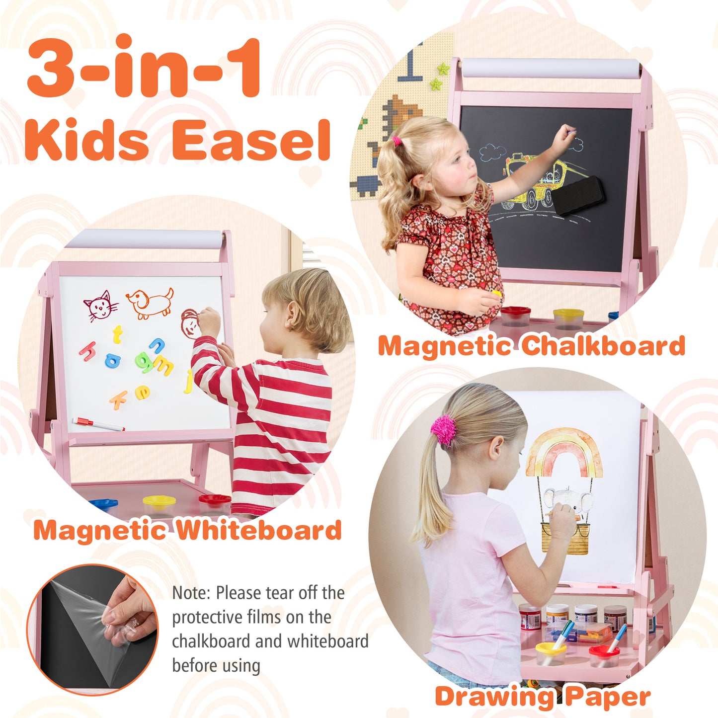 Double-sided Kids Easel with Magnetic Whiteboard and Chalkboard-Pink