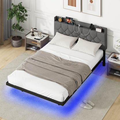 Double/King Size Floating Bed Frame with Adjustable Headboard and Charging Station-Grey-Double Size