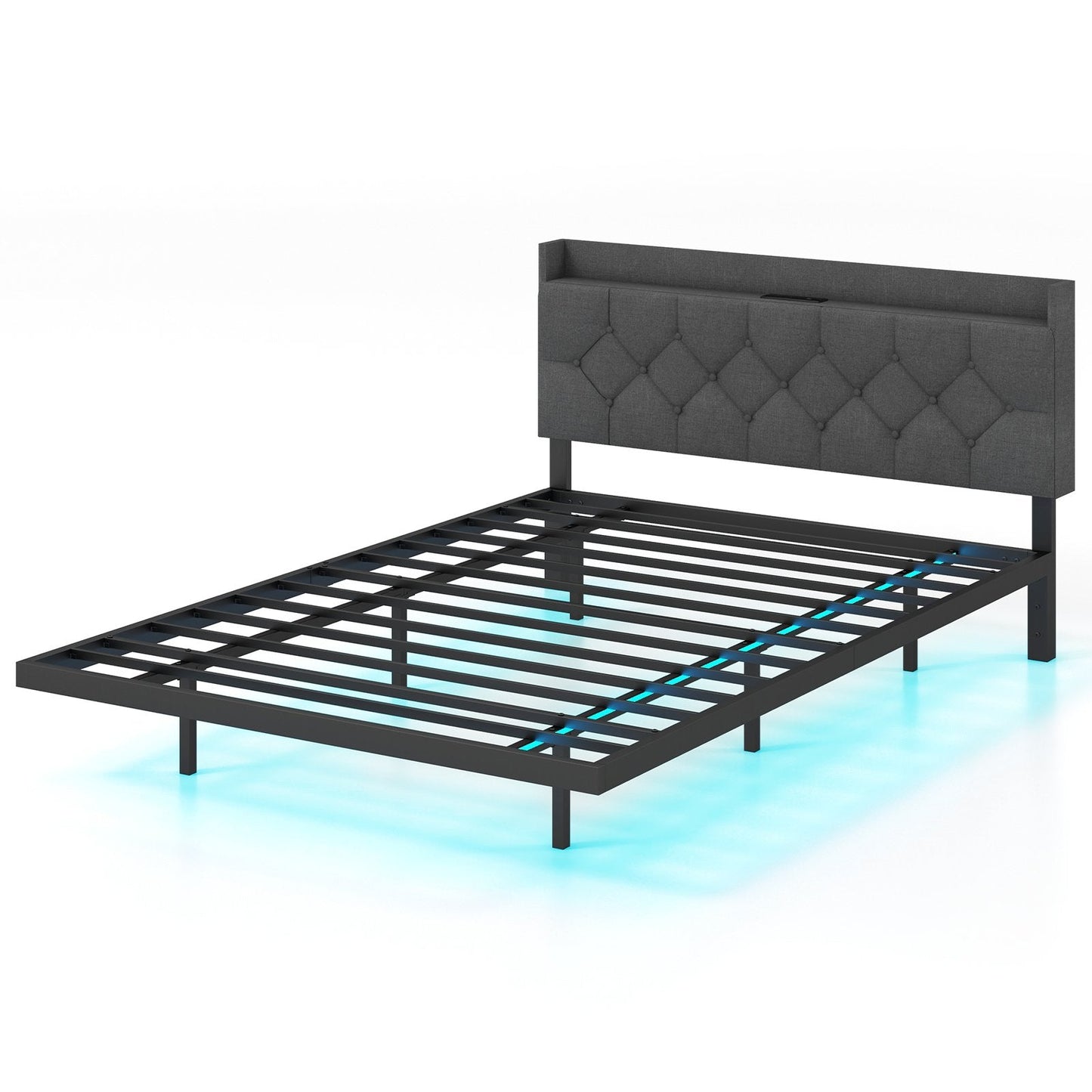Double/King Size Floating Bed Frame with Adjustable Headboard and Charging Station-Grey-Double Size