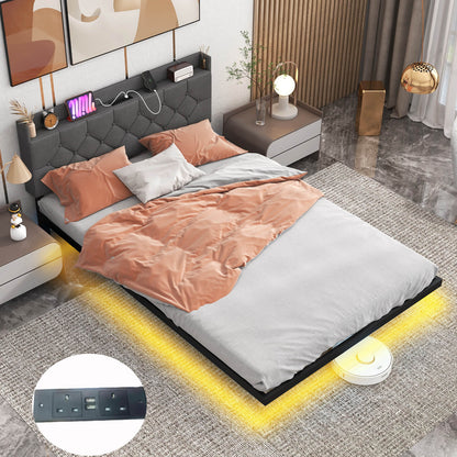 Double/King Size Floating Bed Frame with Adjustable Headboard and Charging Station-Grey-Double Size