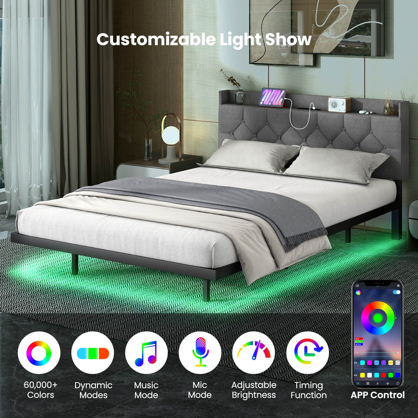Double/King Size Floating Bed Frame with Adjustable Headboard and Charging Station-Grey-Double Size