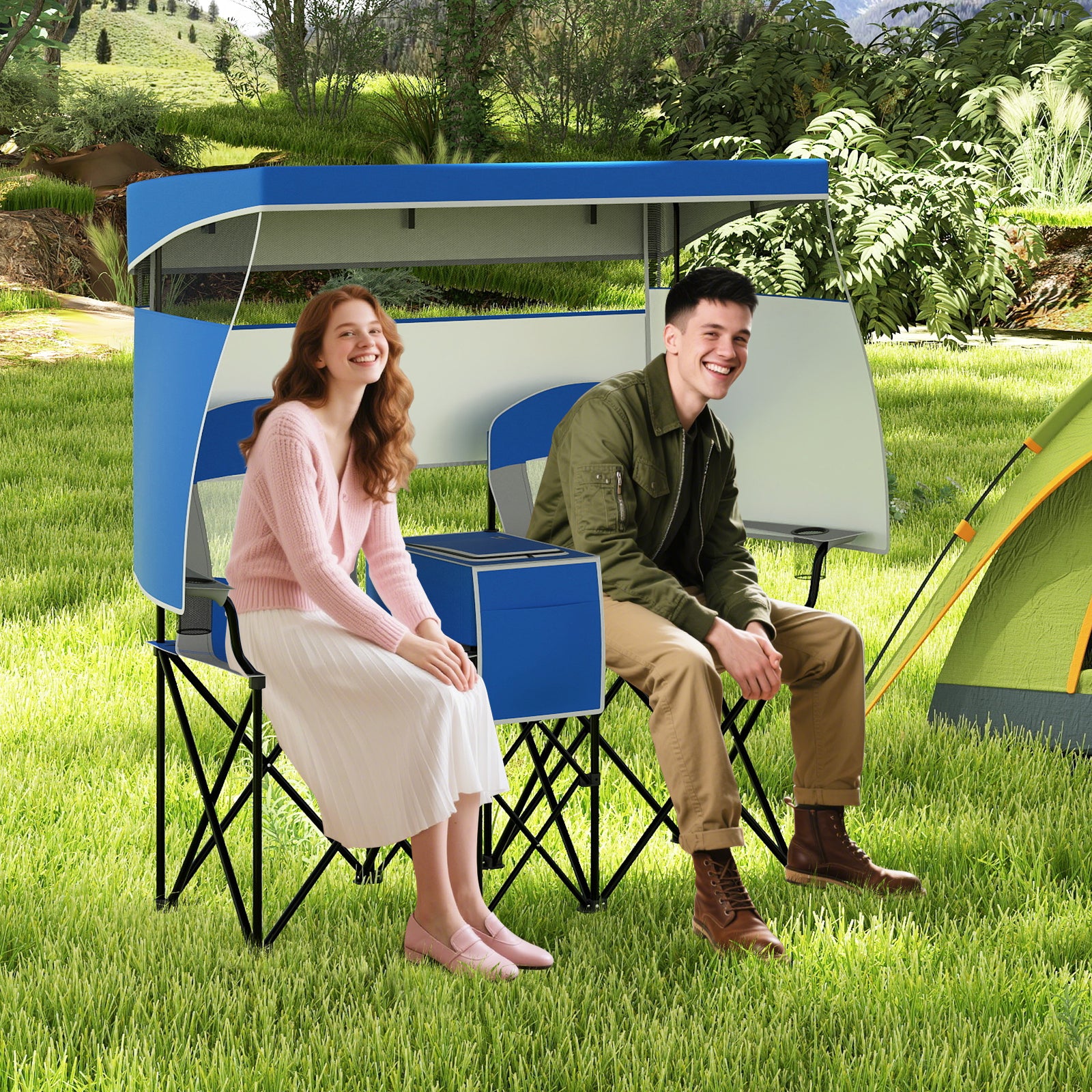 Double Beach Chair with Adjustable Canopy and Roll-up Shade-Navy