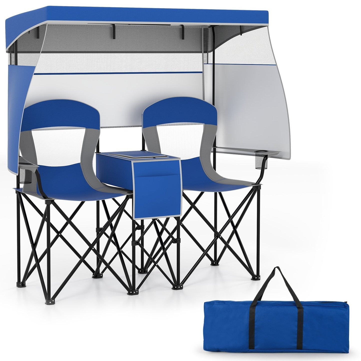Double Beach Chair with Adjustable Canopy and Roll-up Shade-Navy