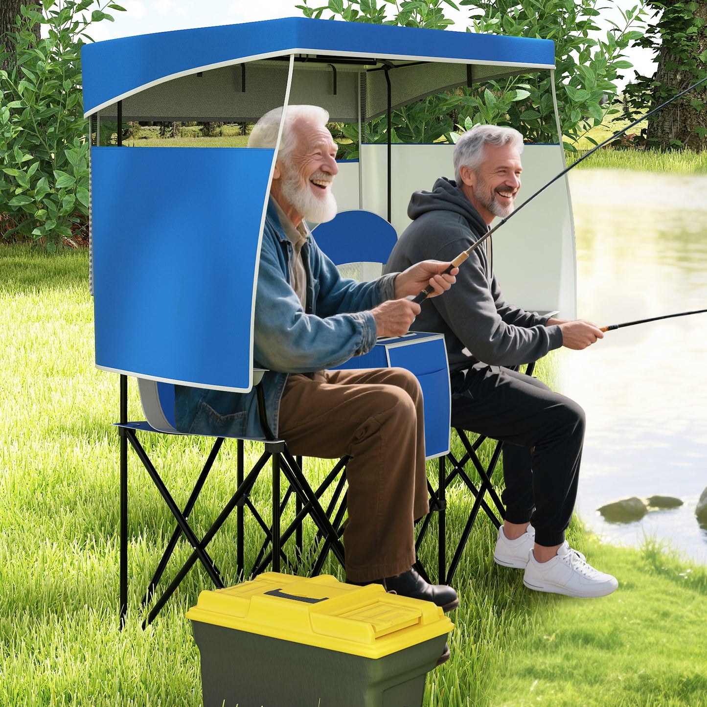 Double Beach Chair with Adjustable Canopy and Roll-up Shade-Navy