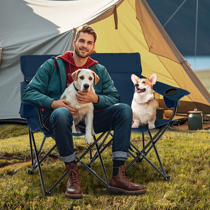 Double Camping Chair with Cup Holders and Carrying Bag-Blue
