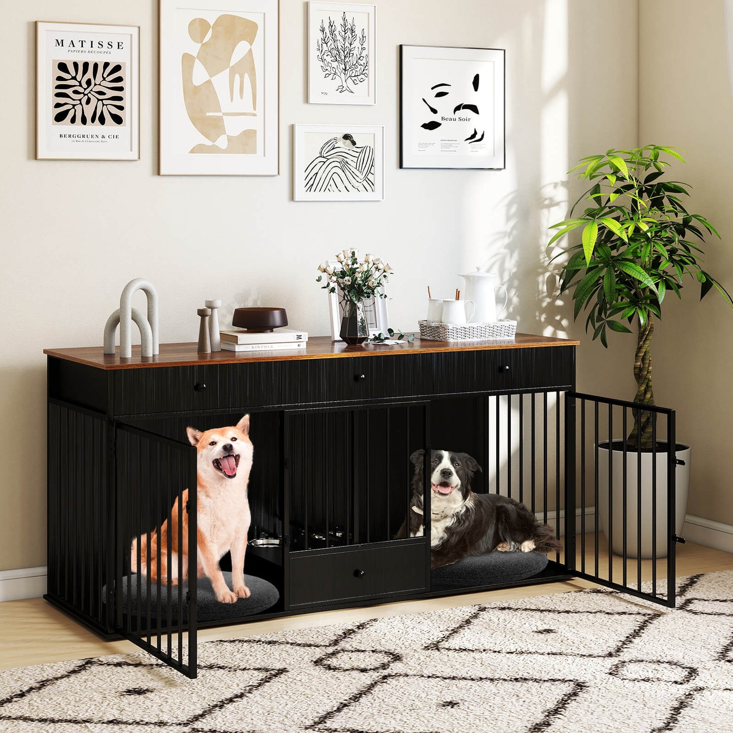 Double Dog Crate Furniture Dog Kennel with Pull-out Feeder and 3 Drawers-Black