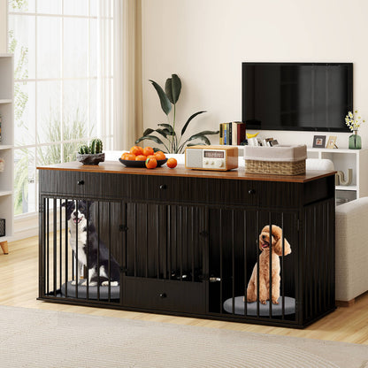 Double Dog Crate Furniture Dog Kennel with Pull-out Feeder and 3 Drawers-Black