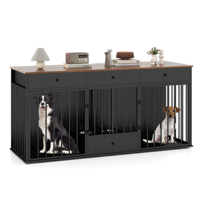 Double Dog Crate Furniture Dog Kennel with Pull-out Feeder and 3 Drawers-Black