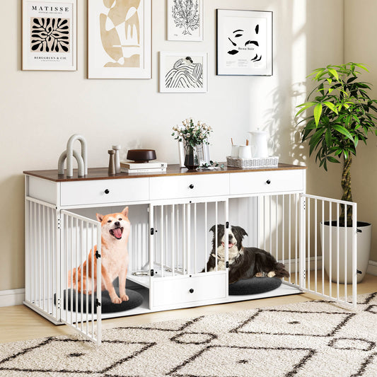 Double Dog Crate Furniture Dog Kennel with Pull-out Feeder and 3 Drawers-White