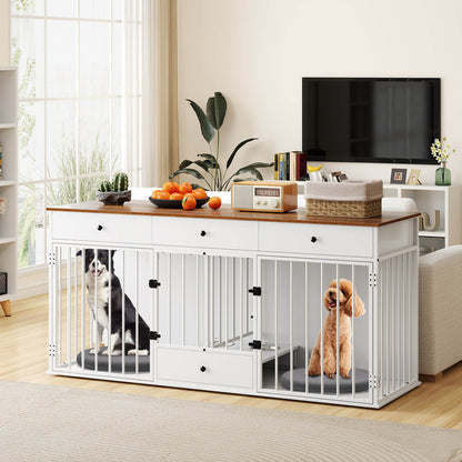 Double Dog Crate Furniture Dog Kennel with Pull-out Feeder and 3 Drawers-White